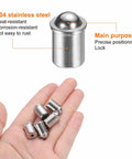 Five Pack Stainless Steel Ball Catch Spring Plungers With A Rock Solid Eighty Newton Hold For Cabinet Doors Workbench Jigs And Heavy Duty Furniture Repairs in hand with labeled details.