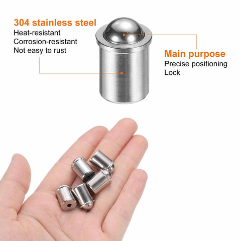 Five Pack Stainless Steel Ball Catch Spring Plungers With A Rock Solid Eighty Newton Hold For Cabinet Doors Workbench Jigs And Heavy Duty Furniture Repairs in hand with labeled details.