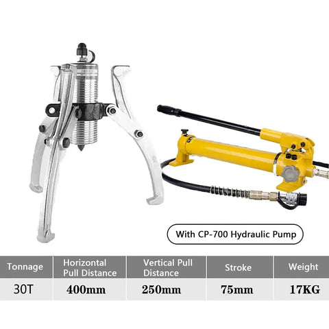 Heavy Duty Hydraulic Split Bearing And Gear Puller Kit With Hand Pump 30 Ton Capacity, showing 30T puller and CP-700 pump.
