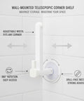 Wall-mounted telescopic plastic shelf bracket with rotating base, no drill adhesive installation for corner storage in bathroom or kitchen.