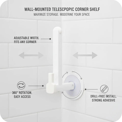 Wall-mounted telescopic plastic shelf bracket with rotating base, no drill adhesive installation for corner storage in bathroom or kitchen.