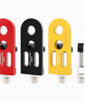 Heavy Duty Single Speed Chain Tensioner And Rear Derailleur Adjuster For Mountain Bikes And Road Cycles in red, black, yellow, and silver.