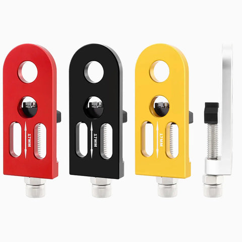Heavy Duty Single Speed Chain Tensioner And Rear Derailleur Adjuster For Mountain Bikes And Road Cycles in red, black, yellow, and silver.