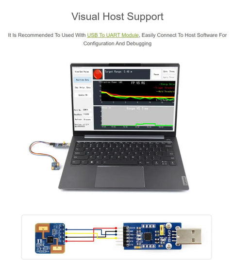 Human Micro Motion Detection MmWave Sensor 24GHz Radar With FMCW Technology Compact Module Built In MCU And UART Config For Easy No Fuss Integration And Accurate Sensing Of Moving Or Standing People. USB to UART setup with laptop and sensor module.