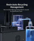 Resin 3D Printer With 13.6 Inch 7K Mono LCD Screen showing auto-recycling resin management feature with connected container.