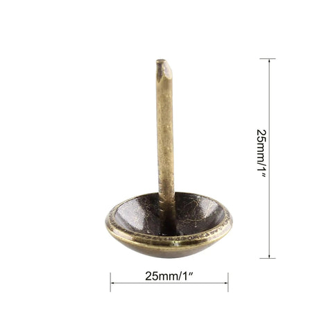 Killer Style Antique Brass Upholstery Tack Nails Slick One Inch Round Heads, 25mm head, 1-inch shank, detailed view.
