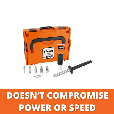 Heavy Duty Magnetic Base Drill Boasting 1100 Watt Variable Speed Motor Cuts Structural Steel Like A Hot Knife Through Butter compact tool kit with drill bits and lubricant.