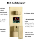Slick Wall Mounted Rain Shower System Featuring Water Powered Led Digital Display And Easy Grip Single Lever Controls with temperature display.