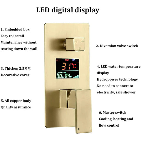 Slick Wall Mounted Rain Shower System Featuring Water Powered Led Digital Display And Easy Grip Single Lever Controls with temperature display.
