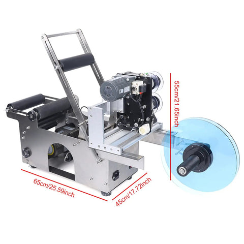 Resfirme 100W Semi-Automatic Round Labeling Machine For Jars And Bottles with stainless steel build and high-speed motor.