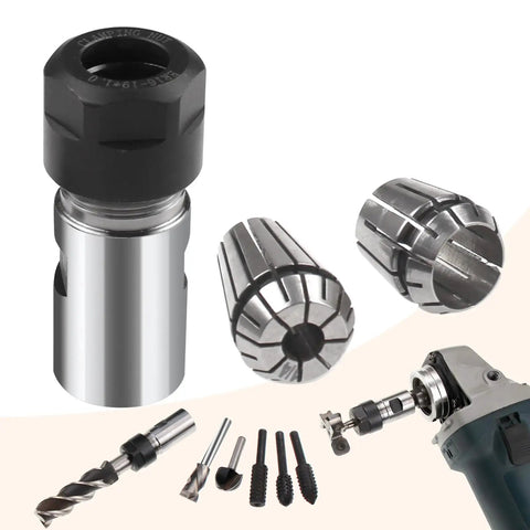 Angle Grinder Extension Shaft Set 5/8-11 Thread Drill Conversion with 1/4 and 1/2 Inch Spring Collets for Woodworking shown.
