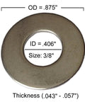 Flat washer, Type 316 stainless steel; inner diameter 3/8 in, outer diameter 0.875 in; marine hardware.