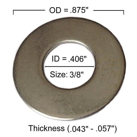 Flat washer, Type 316 stainless steel; inner diameter 3/8 in, outer diameter 0.875 in; marine hardware.