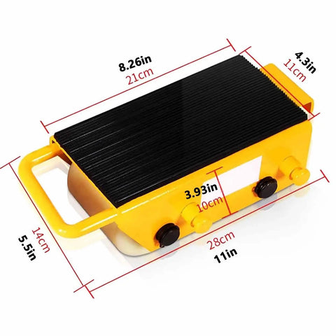 Rock Solid Nylon Wheel Combo Machinery Skate Dolly With Handle For Straight Up Heavy Gear Hauling Modular Roller Skates view with dimensions.