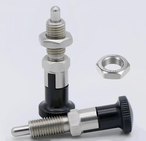 Heavy Duty Stainless Steel Push Fit Ball Nose Spring Plunger 2 Pack M16x1.5 with nut, retractable indexing design.