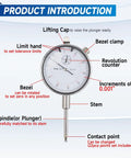 Pro Grade Magnetic Dial Indicator Kit With 0 To 1 Inch Range And 0.001 Inch Resolution showing labeled parts and features.