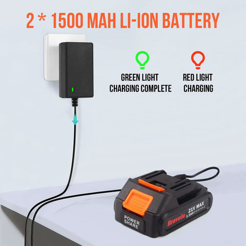 Cordless Rotary Hammer Drill With Brushless Motor 21V SDS Plus Hammer Drill One Inch Chuck Two Mode Operation Variable Speed 360 Degree Handle Includes Two 1.5Ah Batteries charging with green and red indicators