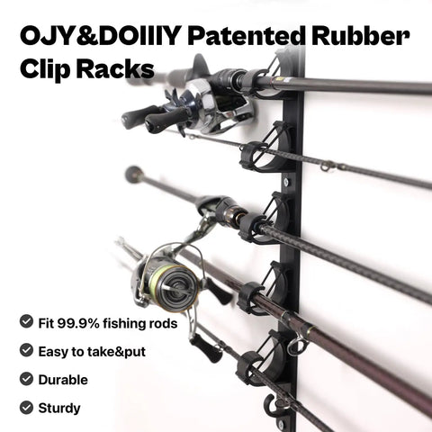 Side view of a mounted wall and ceiling fishing rod rack with rubber band clamp technology holding six rods and two gear hooks.