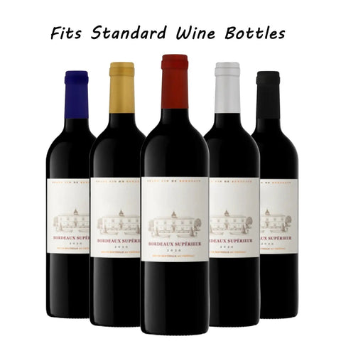 Premium Pvc Heat Shrink Wine Bottle Caps With Hella Bright Color Options on standard wine bottles, assorted colors.