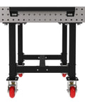Heavy Duty Mobile Welding Fixture Table 60x36x36 Silver Shop Workbench with view of locking casters and laser cut grid holes.