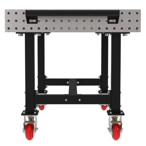 Heavy Duty Mobile Welding Fixture Table 60x36x36 Silver Shop Workbench with view of locking casters and laser cut grid holes.