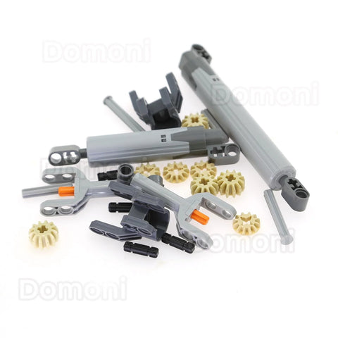 Domoni 22-piece LEGO Technic actuator kit components in grey; includes linear actuator, gears, axles and connectors