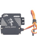 Rock Solid Brushless RC Servo With Dope Metal Gears And Badass Digital Steering For Smooth Handling And Massive Torque On One Fifth Scale RC Whips And Custom Robots At Full Rotation, displaying black casing and flexible wires.