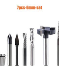 Straight Up Killer 7 Piece Solid Carbide Router Bit Kit With 6mm Shank End Mills And T Slot Cutters Built Tough For CNC Engraving Hardwood Projects And Steel Milling That Handles Heavy Work Without Breaking A Sweat.