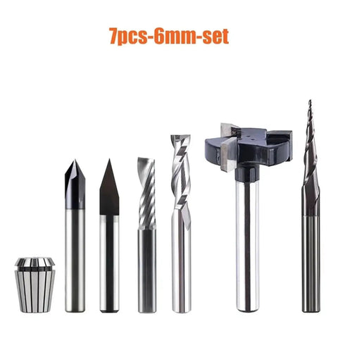 Top Shelf 6mm Shank Solid Carbide Router Bits 7 Piece End Mill Set CNC Engraving Tools Heavy Duty Milling Cutter Kit For Woodworking And Metal Workhorse, seven carbide router bits displayed.