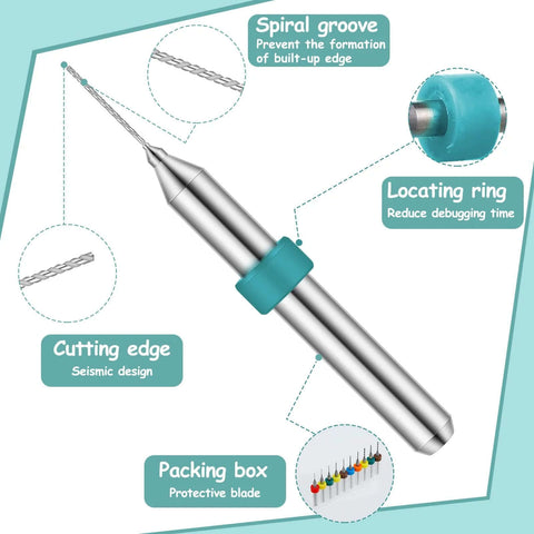 30-piece tungsten carbide micro drill bit set with shank and turquoise locating collar for PCB engraving.
