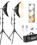 20x20 Inch Softbox Lighting Kit with 85W LED Bulbs 3000K to 7500K for photo studio, showing two tripods, softboxes, bulbs, and carry bag.