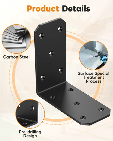 Hardcore Heavy Duty L Brackets Ninety Degree Corner Brace System Five By Five By Two Point Five Inches Black Powder Coated Steel frame detail image showing pre-drilling design.