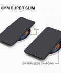 Two phones on a 6mm slim 10W Fast Wireless Charger Pad For Travel And Home Office Slim Portable Qi Charging Mat with text overlay.