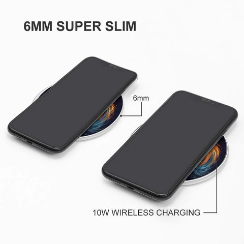 Two phones on a 6mm slim 10W Fast Wireless Charger Pad For Travel And Home Office Slim Portable Qi Charging Mat with text overlay.