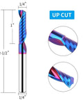 Side view: rainbow-coated solid carbide single-flute upcut end mill with 1/4 in shank, 2-1/2 in overall length