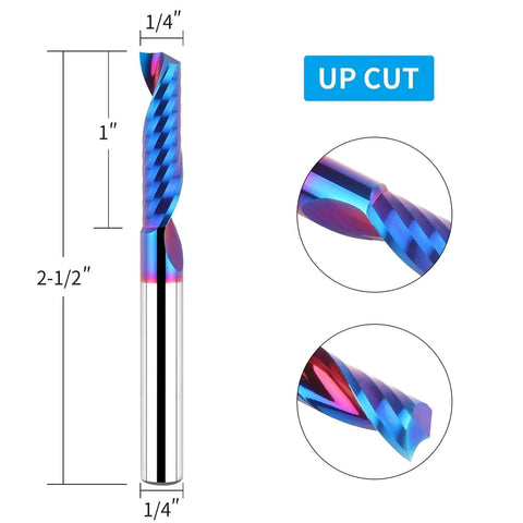 Side view: rainbow-coated solid carbide single-flute upcut end mill with 1/4 in shank, 2-1/2 in overall length
