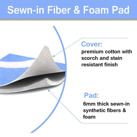 Heavy Duty 12x42 Inch Ironing Board Cover And Pad with cotton and foam layers, 6mm thick sewn-in fibers for durability.