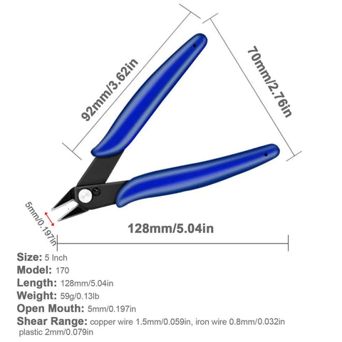 Diagram of Two Pack Ultra Sharp Flush Cutters For Crafting And Electronics Micro Wire Cutters with dimensions and ergonomic handles.
