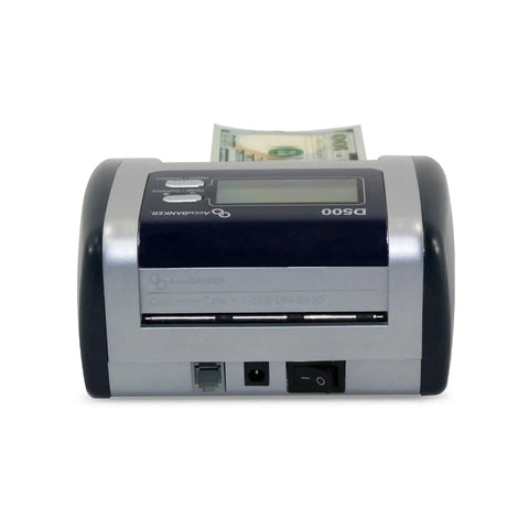 No Sweat Commercial Grade Five Point Automatic Money Bill Detector and Counterfeit Validator with screen showing bill scanning.