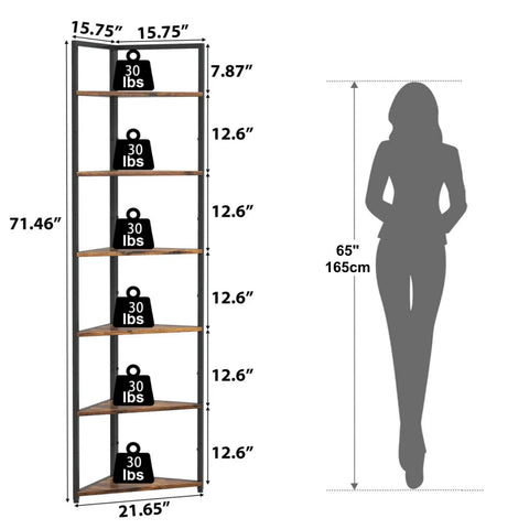 Dimensions of Six Tier Corner Bookshelf With Industrial Metal Frame And Engineered Wood Shelves Tall Seventy One Point Seven Inch