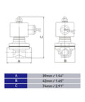 Diagram of Copper Electric Solenoid Valve, Normally Closed, For Water, Air, And Gas Systems, 110V AC with dimensions marked