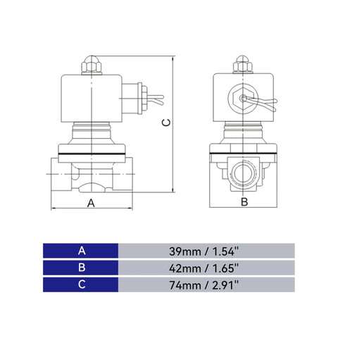 Diagram of Copper Electric Solenoid Valve, Normally Closed, For Water, Air, And Gas Systems, 110V AC with dimensions marked
