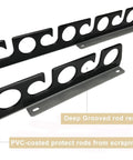 Heavy Duty Fishing Rod Ceiling And Wall Rack Hangs In Your Garage Cabin Or Basement And Holds Up To 8 Rods And Reel Combos With Anti Corrosion Steel Construction, close-up of deep grooved PVC-coated rod rests.
