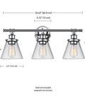 Front view of Parker 3-Light Vanity Light In Chrome With Clear Glass Shades, Bulb Not Included, 24.63W x 11H for bathroom or hallway