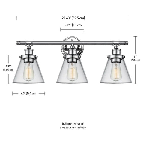 Front view of Parker 3-Light Vanity Light In Chrome With Clear Glass Shades, Bulb Not Included, 24.63W x 11H for bathroom or hallway