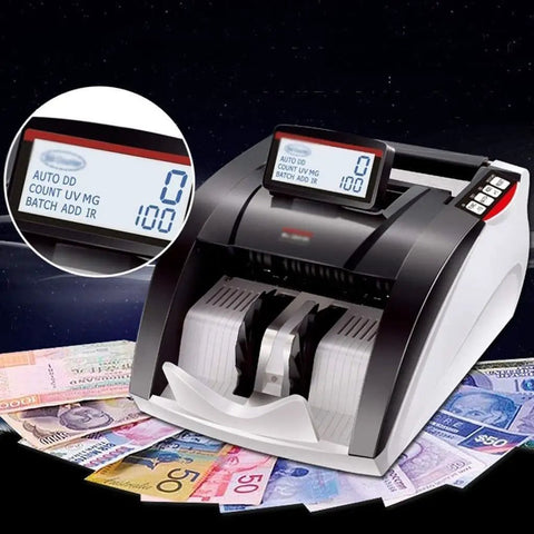 Portable Money Counting Machine And Bill Detector With Swivel Screen showing bill counts on display amid assorted global currencies.