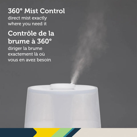 Filter Free Humidifier With Auto Humidity Control And Hygrometer, 360° mist outlet, white finish, displaying mist output.
