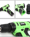 Starter Cordless Drill Kit With 27 Pieces, 12V 1300mAh Power Drill And Driver Set, shown in mint green and black, close-up view