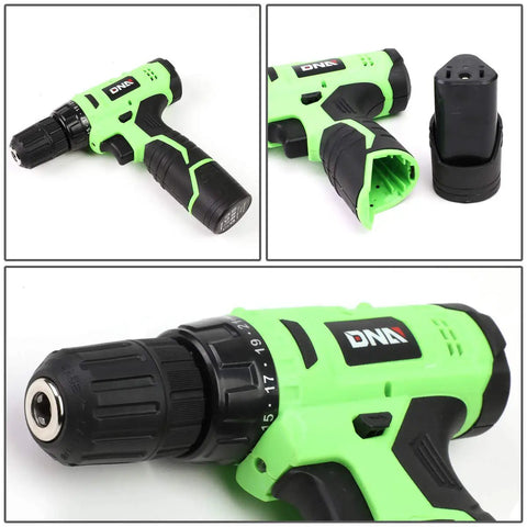 Starter Cordless Drill Kit With 27 Pieces, 12V 1300mAh Power Drill And Driver Set, shown in mint green and black, close-up view