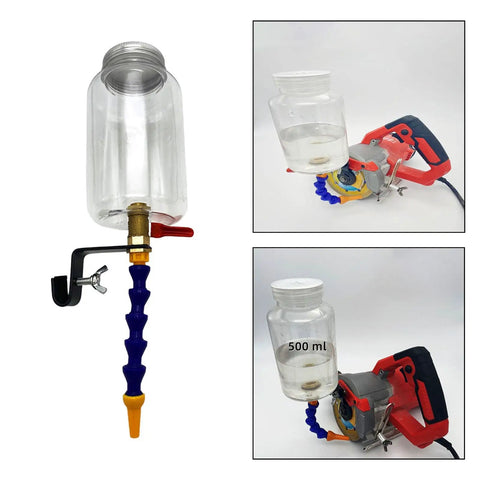 Dust Buster Water Sprayer System for marble brick and tile cutters shown with angle grinder attachment